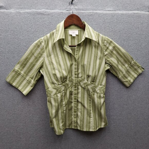 Ann Taylor LOFT Petites Green Striped Cotton Blouse Womens 2P Short Sleeve Butto - Picture 1 of 4